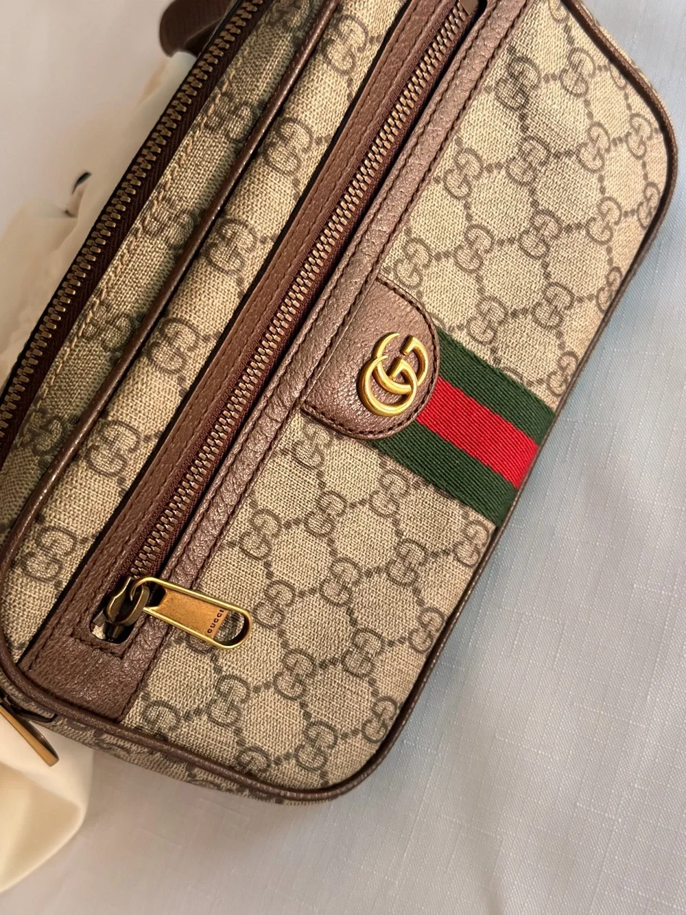 Gucci Brown & Beige GG Canvas Belt Bag with Green-Red